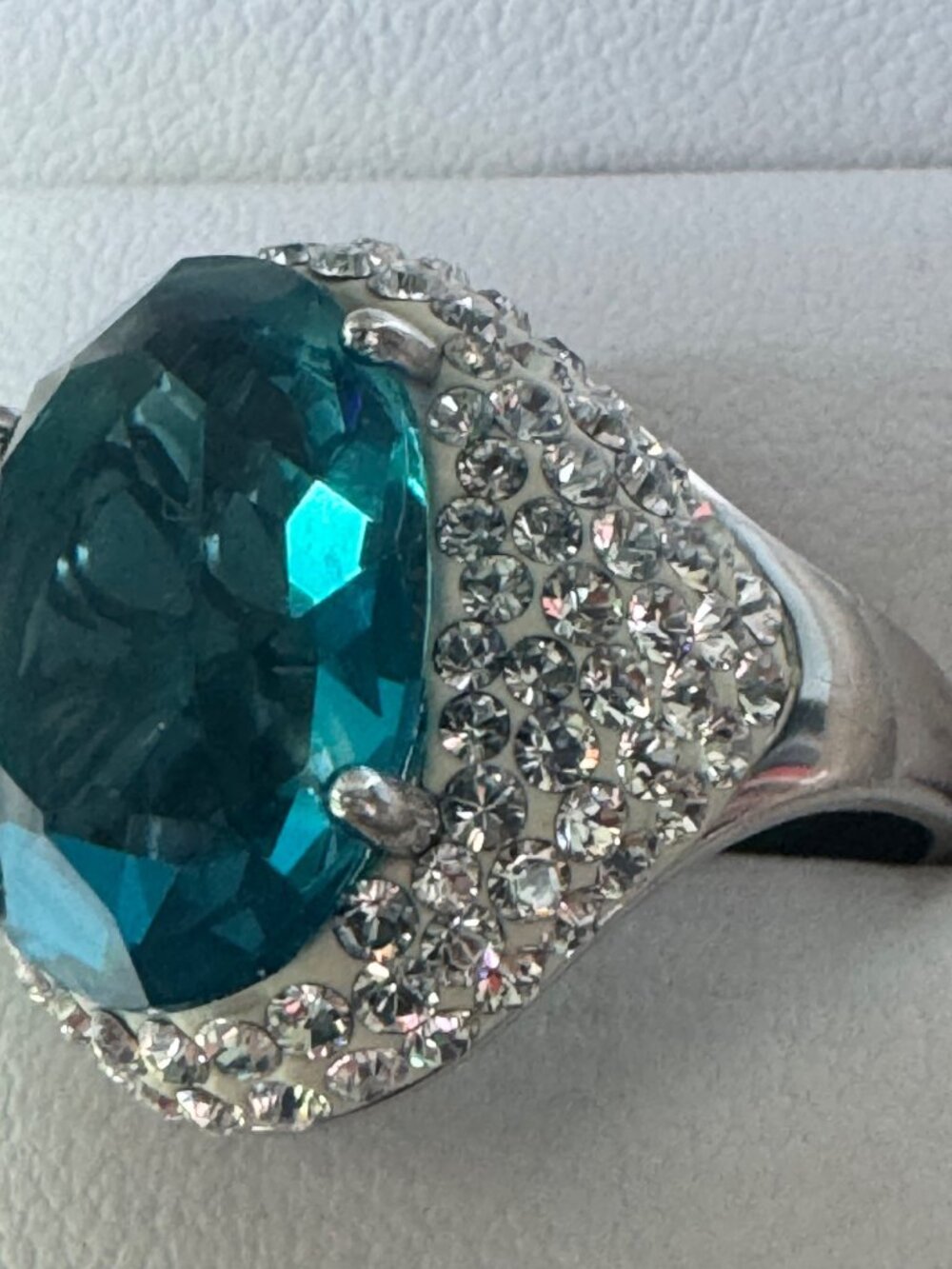 Sterling Silver Teal Blue Glass CZ Halo Statement Ring Women Size 9 10.88g - Picture 3 of 7